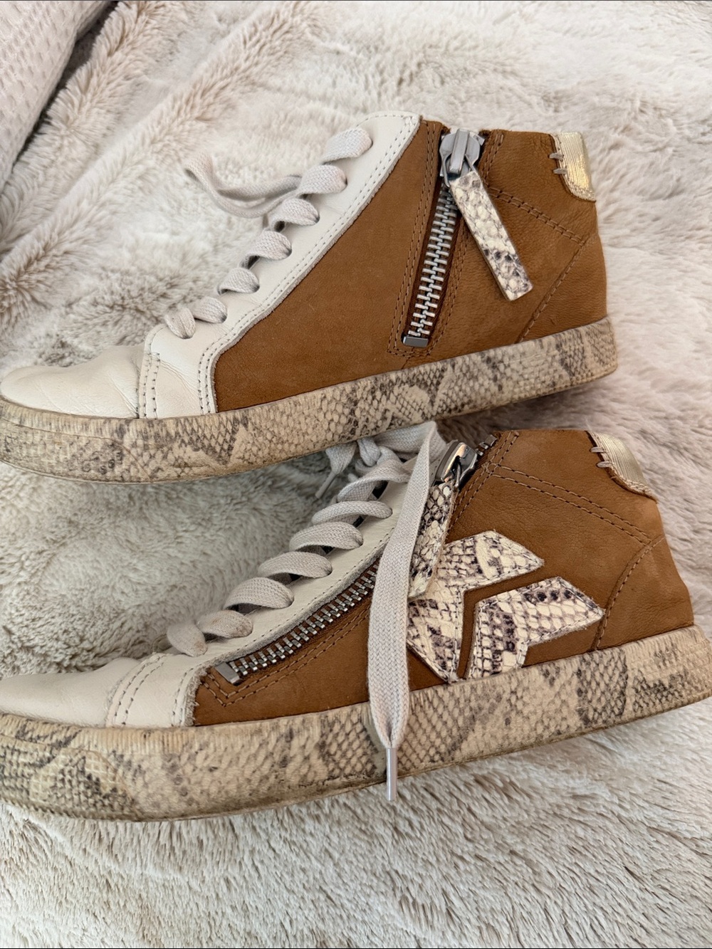 Dolce Vita Tan & Cream High-Top Sneakers with Snake-Print Trim